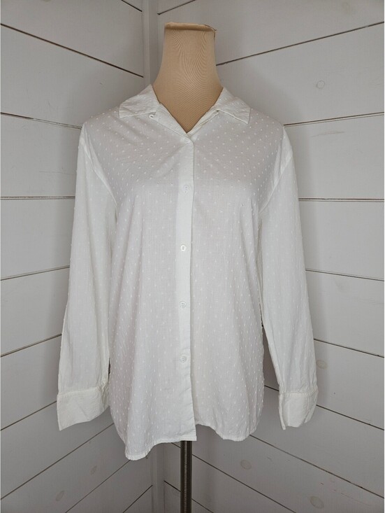Tops - Marissa Christina large white textured with dots and accented by bows blouse